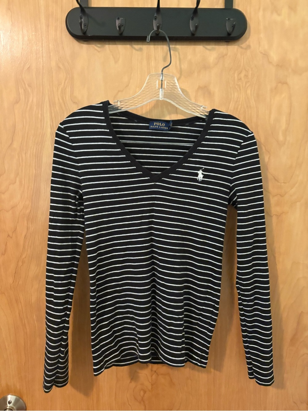 Polo Ralph Lauren Striped V-Neck Long Sleeve Top Black White XS